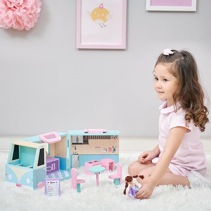 Olivia's Little World Wooden Food Truck Dollhouse + Accessories for 3.5" Dolls, Multi
