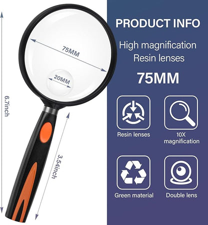 Feosky Handheld Reading Magnifier, 10X 30X Magnifier, 75mm Shatterproof Lens, Non-Slip Handle for Adults Close Work, Seniors Reading and Kids Nature Exploration, Hobby Observation(Orange/Black)