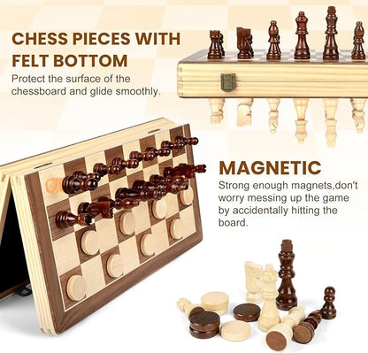 LEAP Magnetic Wooden Chess Sets 15.5 inch Foldable Chess Board 3 inch King Height Chess Pieces, Upper Checker Storage Slots for Beginer, Adults