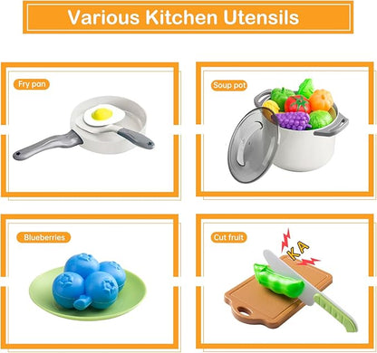35Pcs Kids Kitchen Toy Accessories, Toddler Pretend Cooking Playset with Play Pots, Pans, Utensils, Cookware, Play Food Set, Toy Vegetables, Learning Gift for Girls & Boys (White)