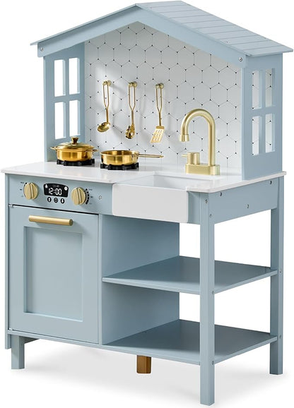 Best Choice Products Pretend Play Wooden Farmhouse Kitchen Set for Kids w/Toy Storage, Clicking Knobs, Windows, 5 Accessories Included - Ocean