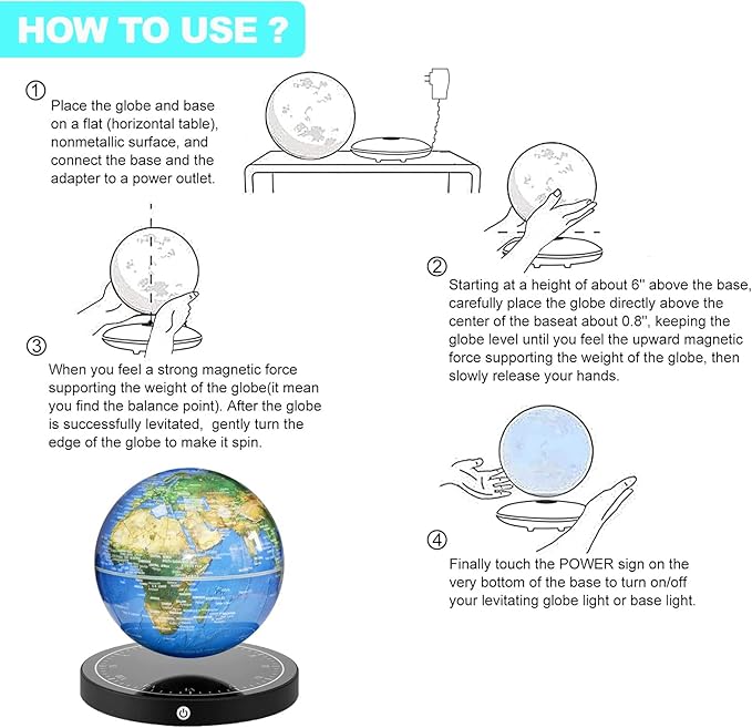 Floating Globe, Magnetic Levitating Globe with LED Light, 360° Rotating Geographic Globe World Map for Home Office Decor, Cool Tech Gift for Kids, Teacher, Husband, Colleague..