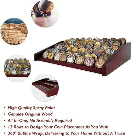 12 Rows Military Challenge Coin Holder Display Case Holds 90-100 Coins, Solid Wood Army Coin Rack Display Stand for Desktop, Mahogany