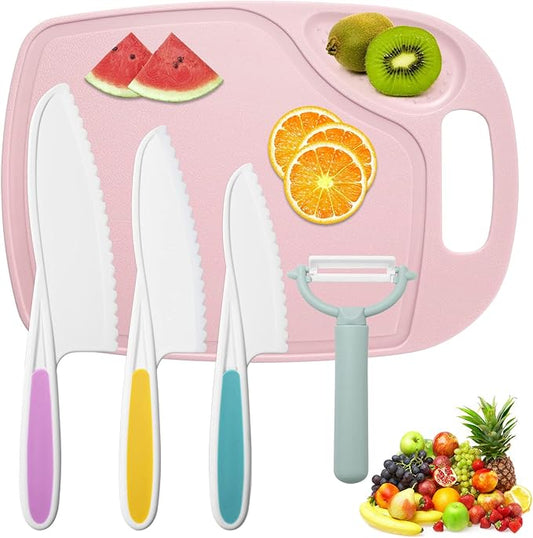 3 Pieces Kids Knife Set for Cooking, with Cutting Board and Safe Lettuce and Salad Knives, Kids Cooking Utensils in 3 Sizes & Colors for Fruit, Bread, Cake, Salad