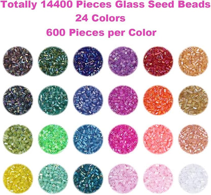 EuTengHao 14400pcs Tube Beads Bugle Glass Seed Beads, Small Craft Spacer Beads for DIY Bracelet Necklaces Crafting Jewelry Making Supplies with Two Crystal String (3mm, 600 Per Color, 24 Colors)