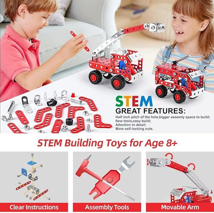 Stem Building Toys for Boys Age 8-12,Creative Sets Fire Trucks Series Model Kit,Assembly Toys for Kids,Metal Building Blocks for Model 4 in 1 Fire Fighting Cars(121PCS)