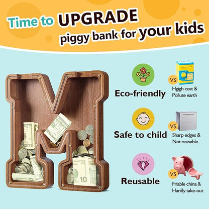 Summidate Customized Name Large Wooden Piggy Bank for Kids Boys Girls Alphabets Letter A-Z Coins Bills Money Change Bank Box Initial on Clear Cover (Laser Engraved) (Alphabet-M, Personalized-12)
