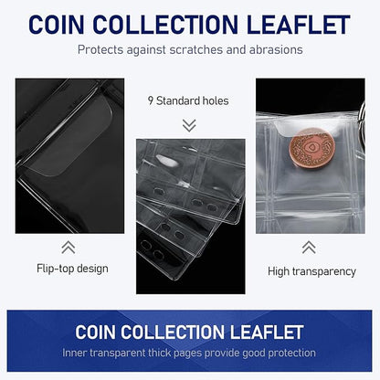 25 Sheets Coin Collection Pocket Pages for Collectors, Coin Sleeves Holder Book, 9-Holes Coin Album Collecting Binder for Coin Stamp Currency Collection Coin Stamp Currency Collection