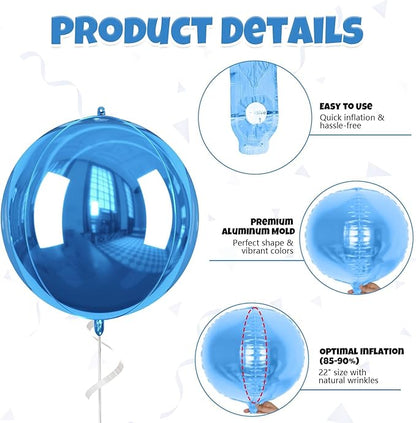 Blue and Silver Giant Foil Balloons, 6 Pcs Large Metallic Blue Silver Black Round Balloons, 22 Inch Big Round Foil Balloon for Birthday Party Baby Shower Graduation Decorations