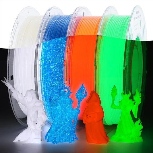 AMOLEN Glow in The Dark 3D Printer PLA Filament Halloween Bundle, Glow Filament Shiny Firefly Blue, Orange, Green and White, 1.75mm PLA Filament, Dimensional Accuracy +/- 0.02 mm, 200g X 4 Pack