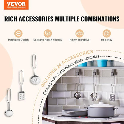 VEVOR Interactive Wooden Toy Play Kitchen Playset for Kids with Lights and Sounds, Corner Design with Ice Maker, Oven, Sink, Clock, Microwaves, Refrigerator and Accessories, for Girls & Boys, Brown