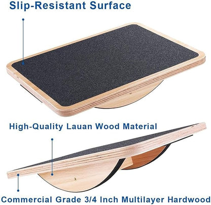 StrongTek Professional Wooden Balance Board, Rocker Board, Wood Standing Desk Accessory, Balancing Board for Under Desk, Anti Slip Roller, Core Strength, Stability, Office Wobble Boards