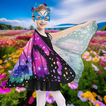 Butterfly Costume for Girls Fairy Wings Kids 4 Pcs(Cape,Skirts,Masks,Hair Clips) Butterfly Wings for Halloween Gifts