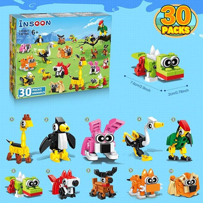 30 Pack Party Favors for Kids, 750 PCS Animals Building Block Toy for Goodie Bag Stuffers, Classroom Student Prizes Easter Gift Children's Day Birthday for Kids Boys Girls Ages 6-12+