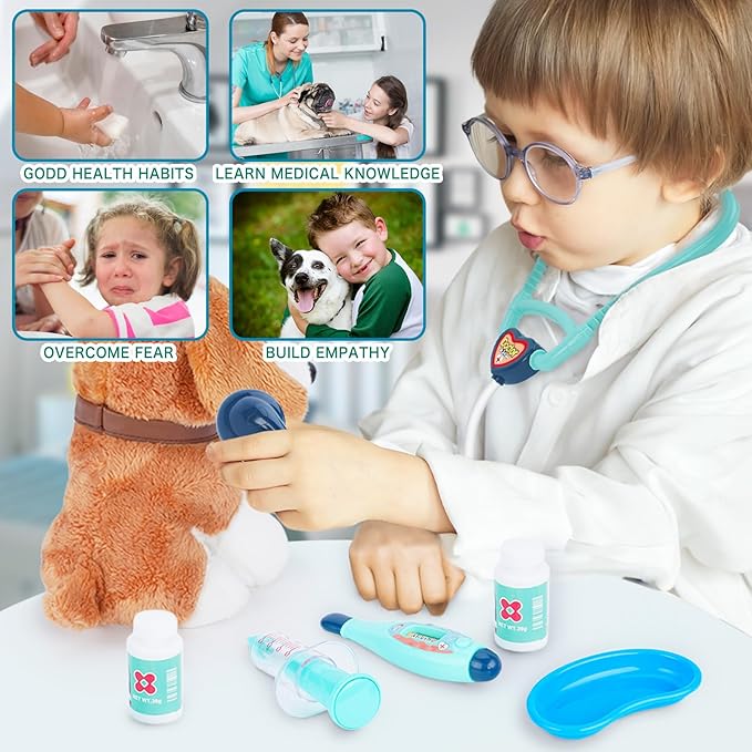 Doctor Kit for Kids with Dog Toy, Girls Boys Vet Playset Kit with Pet Cage & Stethoscope, Veterinarian Pretend Play Toys Doctor Kit for Toddlers Birthday Gift for Age 3 4 5 6 7 8 Years Role Play