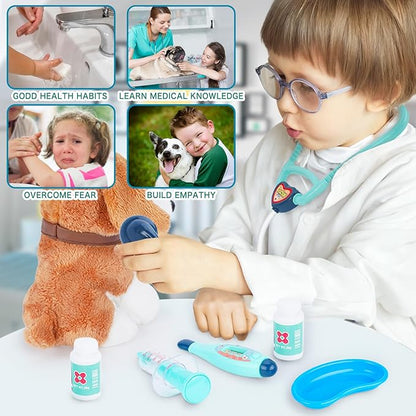 Doctor Kit for Kids with Dog Toy, Girls Boys Vet Playset Kit with Pet Cage & Stethoscope, Veterinarian Pretend Play Toys Doctor Kit for Toddlers Birthday Gift for Age 3 4 5 6 7 8 Years Role Play
