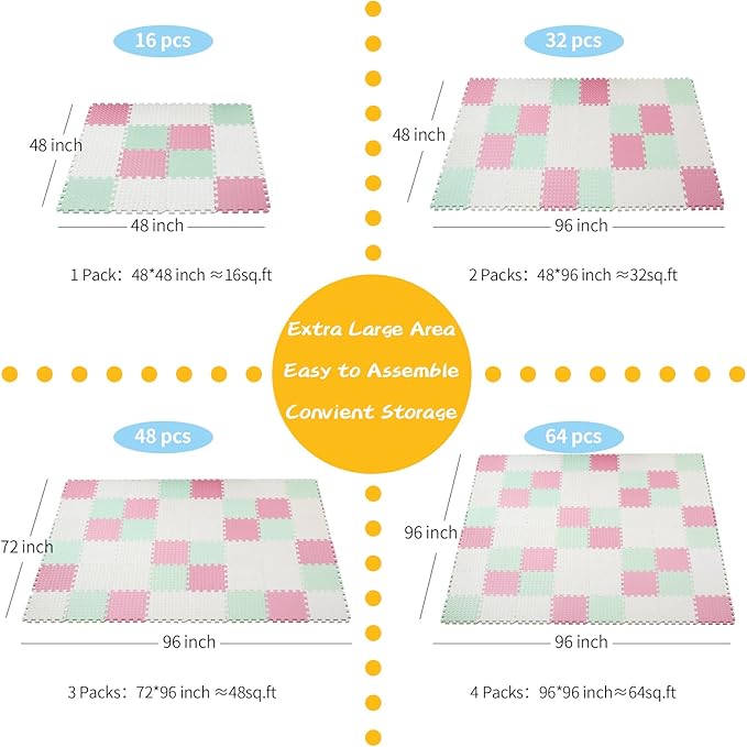 36 Tiles Foam Play Mat for Baby, 0.4 Inch Thick Foam Interlocking Floor Mats, Soft Non-Toxic Baby Playmat, Solid Colored Puzzle Play Mat Kids Floor Mats for Toddler(White/Pink/Bean Green)