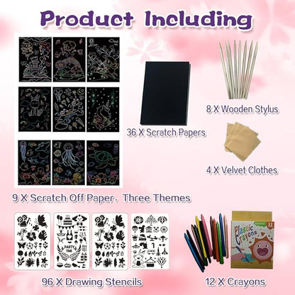 OMTOFUEN 36+9 Scratch Art Paper Kit with Pre-Outlined Template Customizable Paper 4 Follow Boards 8 Scratch Pens 12 Crayons 4 Velvet Clothes for up to 8 Kids Party Gift Birthday Christmas Halloween