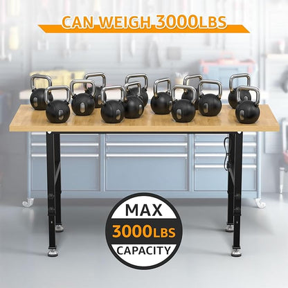 60" Adjustable Workbench,Heavy-Duty Work Table,3000 LBS Load Capacity Particleboard Hardwood Workstation Outlets with Power Strips and Fixed feet,for Workshop, Garage