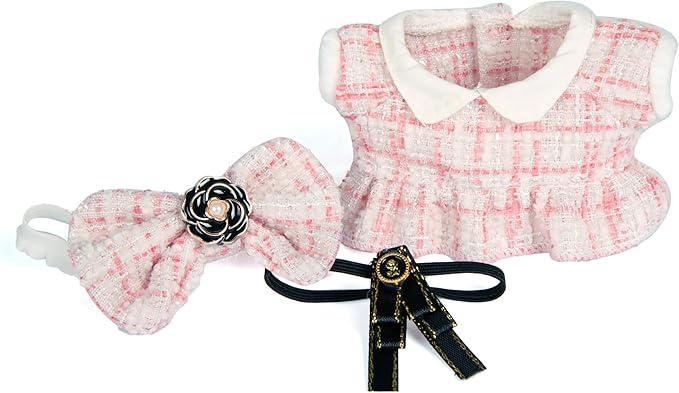 17cm Doll Outfits for Labubu - Luxury Chic Style Set for 17cm Dolls, Premium Doll Clothes with Accessories - Pink Plaid Tweed Dress + Black Necktie + Plaid Bow (Clothes Only)