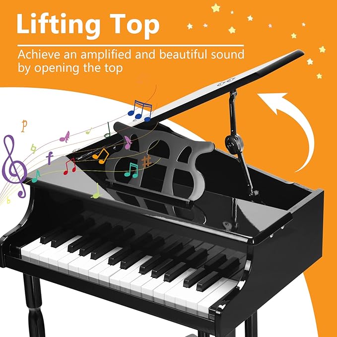 HONEY JOY Classical Kids Piano, 30-Key Mini Grand Piano with Music Stand and Bench, Wooden Musical Instrument Toy w/Lid & Music Rack, Gift for Boys Girls Ages 3+ (3 Straight Leg-Black)
