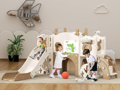 XJD 13 in 1 Toddler Slide Set, Kids Slide for Toddlers Age 1+, New Upgrade with Golf Set, Basketball Hoop, Drawing Board for Indoor Outdoor Playset,Toddler Playground (Brown)