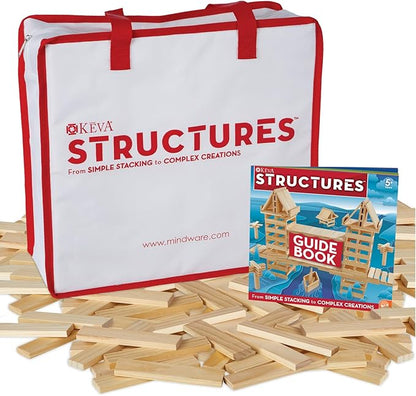 MindWare KEVA Structures 400 Plank Wooden Building Blocks Set - Includes 400 Pine KEVA Planks, Canvas Storage Bag and Full-Color Idea Book