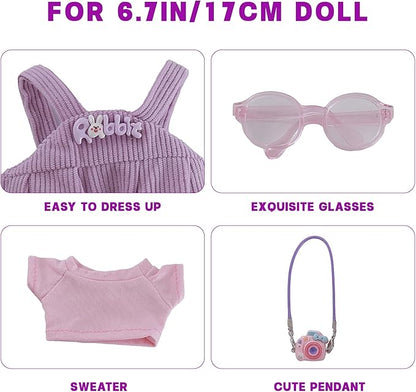17cm Doll Clothes Set 3-Piece Doll Clothing Set with Purple Overalls Pink Glasses Accessories for 17cm Plush Dolls, Clothes Only, No Doll Included