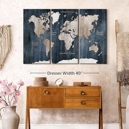 ElephantStock Aged Blue World Map I Canvas - 3 Panel Wall Decor - World Map Digital Art - Blue Wall Art - 50" X 32"