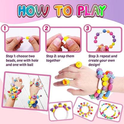 FUNZBO 850pcs Pop Beads - Jewelry Making Kit for 3 4 5 6 7 8 Year Old Little Girls, Arts and Crafts Toys for Kids, Necklace Bracelet Ring Hairband Creativity Snap Set Holidays Birthday Gifts