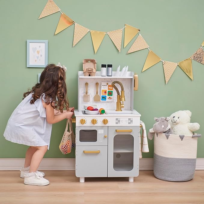 Teamson Kids Little Chef Memphis Wooden Play Kitchen for Toddlers with 16 Accessories, Realistic Pretend Cooking Set with Microwave Oven Sink Faucet Storage for Kids Ages 3+ Gray Gold Marble