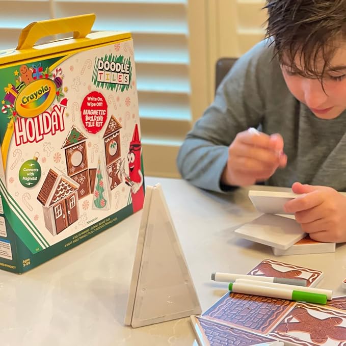 CreateOn Crayola Gingerbread House Magnetic Tiles, 24pc Holiday Christmas Building Set, STEM Educational Toys for Kids Ages 3+, Magnetic Construction Playset for Creative Learning & Gifts