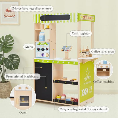 Frogprin 24 Pcs Pretend Play Coffee Shop, Kids Grocery Store Set, Wooden Drive-Thru Window, Coffee Maker, Oven, Cash Register, Bakery Toys Food Accessories Gift for Boys Girls 3+ Years Old