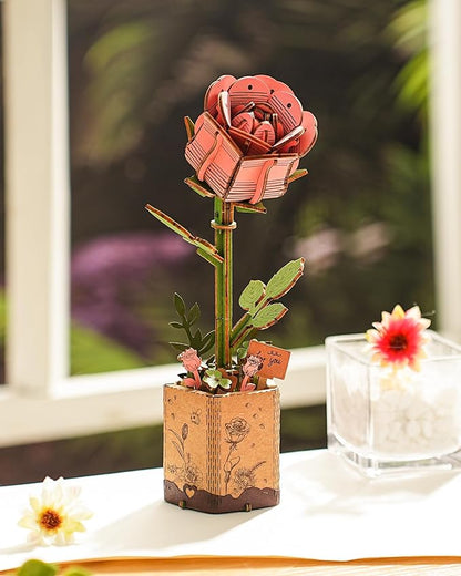 3D Flower Wooden Puzzles for Adults-Pink Rose, DIY Wooden Flowers Model Kit Building Set Crafts for Adults to Build, Botanical Collection/Ideal Creative Gift Ideas/Housewarming (104PCS)