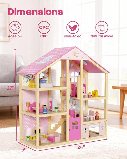 BIERUM Wooden Dollhouse for Girls, Large Pink Wooden Doll House with 39 Furniture Accessories, Elevator & Garage, 5 Rooms Modern Dollhouse for Toddlers, Pretend Play Toy Gift for Kids (Pink)