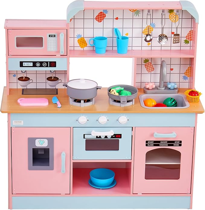 VEVOR Wooden Play Kitchen Toy, Play Kitchen for Kids with Lights and Sounds, Toddler Kitchen with Ice Maker, Oven, Sink, Microwaves, Fridge and Utensil and Fruit Accessory for Toddlers Ages 3-8, Pink