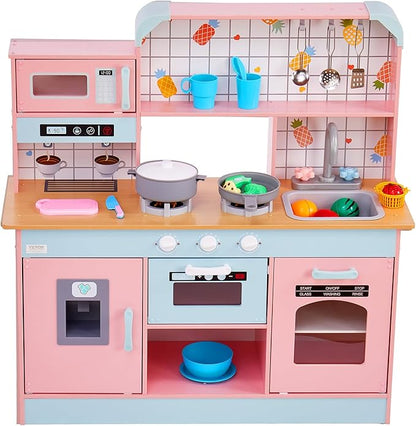 VEVOR Wooden Play Kitchen Toy, Play Kitchen for Kids with Lights and Sounds, Toddler Kitchen with Ice Maker, Oven, Sink, Microwaves, Fridge and Utensil and Fruit Accessory for Toddlers Ages 3-8, Pink