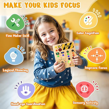 Busy Board with Led Light, Montessori Toys for 1-3 Years Old Boys Girls Wooden Toddler Toys Birthday Gift Educational Toys for 1+ Year Old, Toddler Travel Toy Sensory Toys for Kids with Autism