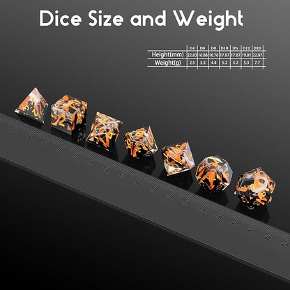 DNDND Volcanic Sharp Edge Resin Dice Set - 7PCS Lava Flow DND Dice for Dungeons and Dragons with Metal Case, Precision Polyhedral RPG Dice Gift for Gamers
