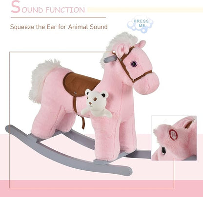 Qaba Kids Plush Ride-On Rocking Horse with Bear Toy, Children Chair with Soft Plush Toy & Fun Realistic Sounds, Pink