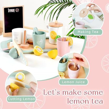 Lemonade Stand for Kids Tea Set Pretend Play Toys Tea Party Set Lemonade Stand Supplies No Assembly Required Non-Toxic Wooden Toys Tea Sets for Toddlers 3-5 Birthday Gift