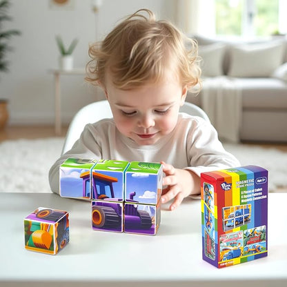 Magnetic Cubic Tiles for Kids, Large Building Blocks 1.65 inch, Engineering Construction Vehicles Puzzle Toy for Toddlers, Sensory & Montessori Magnetic Toys for Kids Ages 3 4 5 6