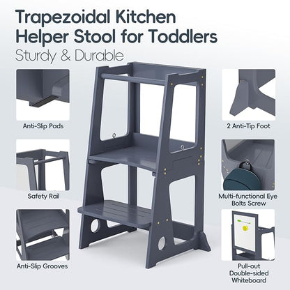 4 in 1 Toddler Step Stool Tower, Foldable Learning Standing Tower with Whiteboard 2 in 1 Convertible Table and Chair, Removable Safety Rail, Widened Platforms for Kitchen Counter Bathroom Sink