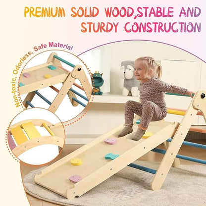 Pikler Triangle Set with Cushion, 7 in 1 Toddler Climbing Toys Indoor, Montessori Foldable Climbing Set, Wooden Climbing Toys for Toddlers 1-3 Inside with Ramp, Arch and Ladder (Rainbow)