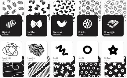 Pasta for Baby High Contrast Cards Sensory Toy Learning Activity Large Black and White Flash Cards Newborn Tummy Time Play 0+ Months Infant Essentials Curious Baby Activity Gift Set