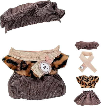 17cm Doll Clothes Set, Compatible with Labubu, Floral Dress with Lace Trim, Headband & Bear Charm Accessory (NO Doll) (Leopard Print)