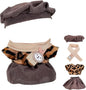 17cm Doll Clothes Set, Compatible with Labubu, Floral Dress with Lace Trim, Headband & Bear Charm Accessory (NO Doll) (Leopard Print)