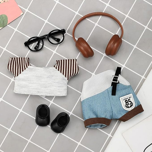 5 Pcs Set-17cm Doll Rabbit Bunny Clothes,Headphone+Glass Frame+Shirt+Overalls Trousers+Shoes,Fashionable Outfit for Dress up Unique Style, Doll Costume Cosplay Fashion Dresses-Set 4