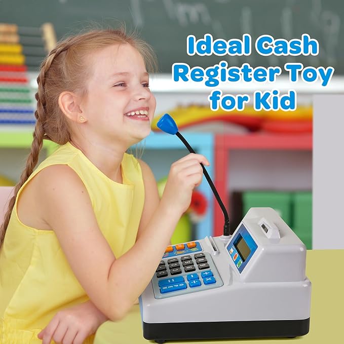 Calculator Cash Register Toy Gift for Kids Age 3, 4, 5, 6, 7, 8+ Year Old, 120 Pcs Grocery Store Playset with Toy Cash, Grocery BoxesCredit Card, Microphone, Grey Play Cash Register for Toddlers 4-8