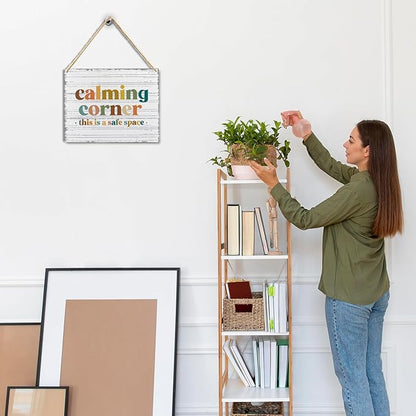 Calming Corner Hanging Wood Sign - Safe Space Classroom, School Counselor's Office, Calm Down Corner Decor - Boho Style, 10x8